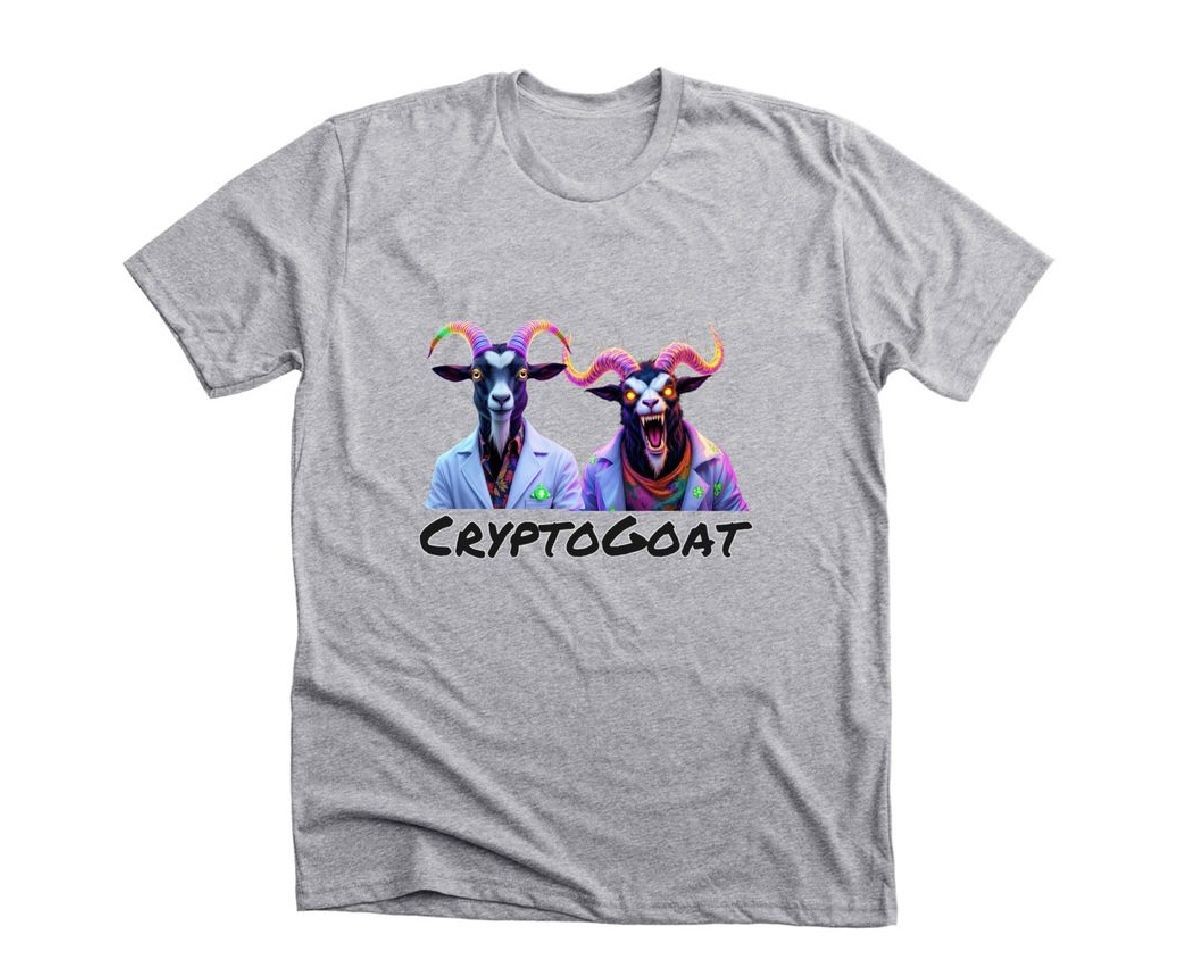 Gray t-shirt featuring two colorful goat figures in suits with 'CryptoGoat' text below.