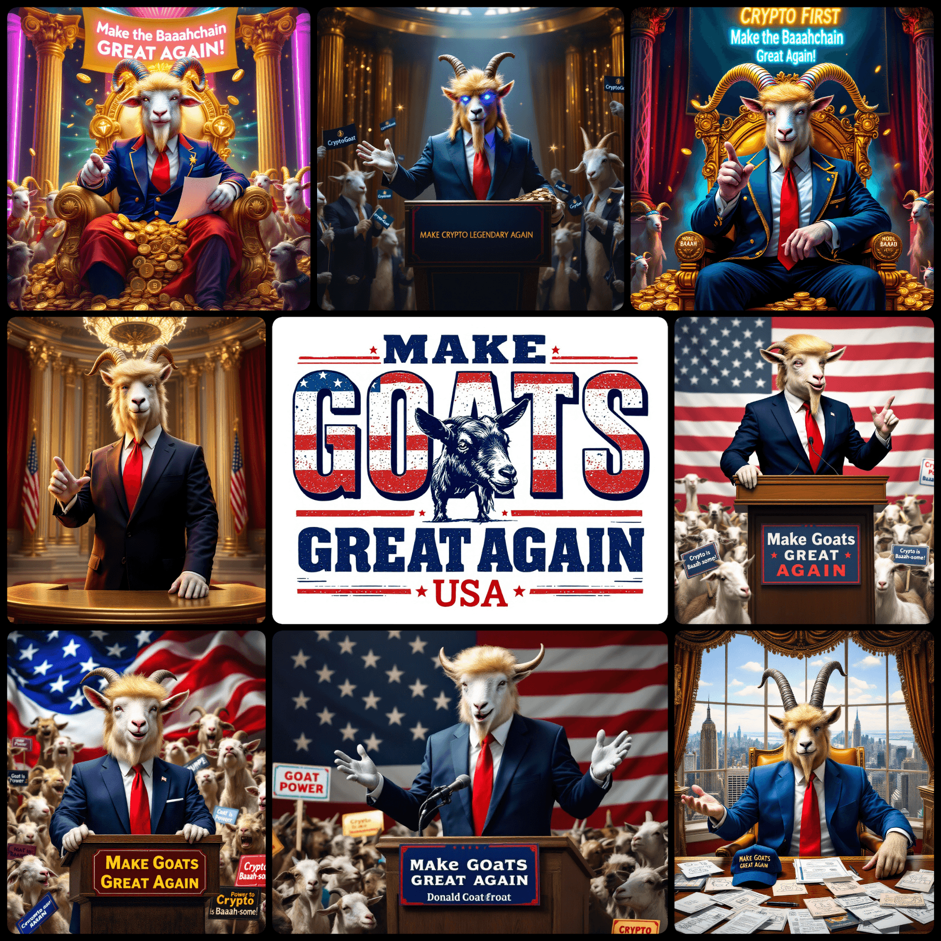 Collage of goats in suits with political slogans, resembling campaign imagery and patriotic themes.