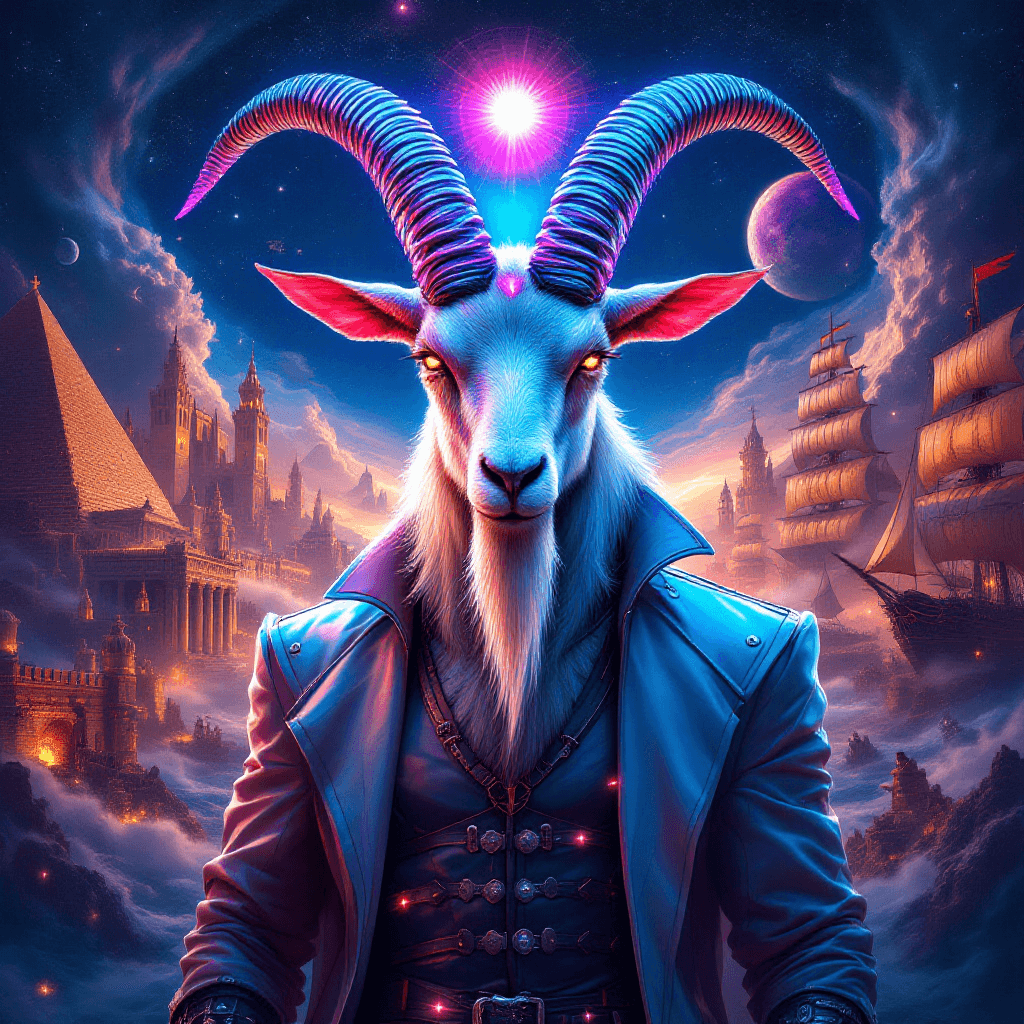 Fantastical goat-headed figure in coat with mystical background of pyramids and ships.