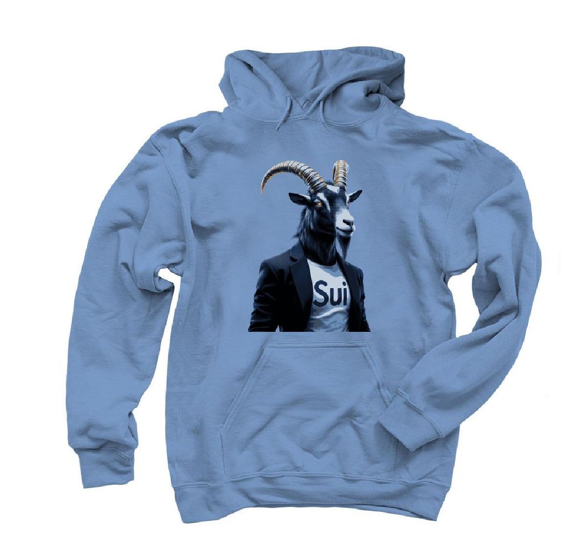 Blue hoodie with a graphic of a goat in a suit on the front.