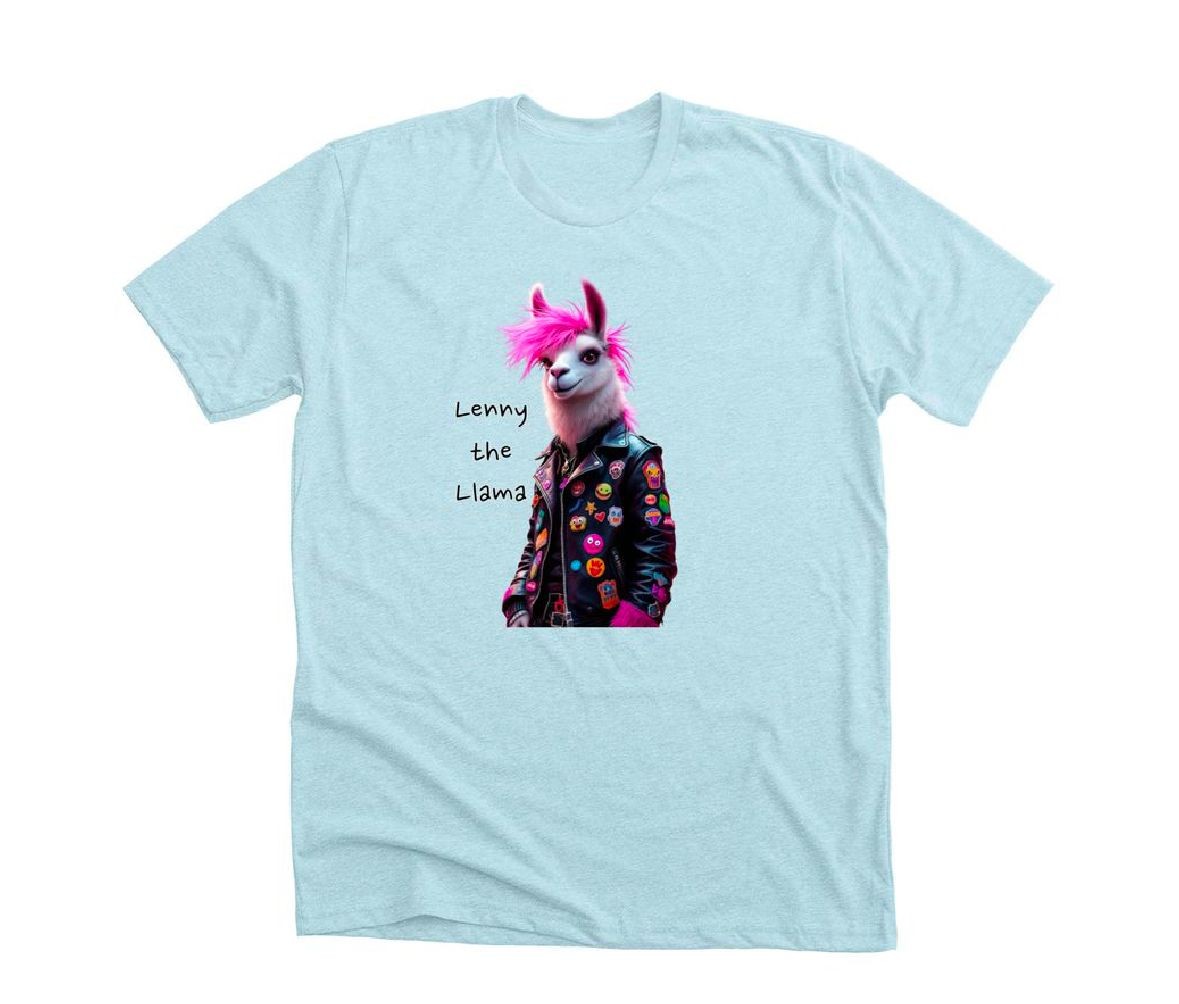 T-shirt with illustration of llama in leather jacket and text 'Lenny the Llama'.