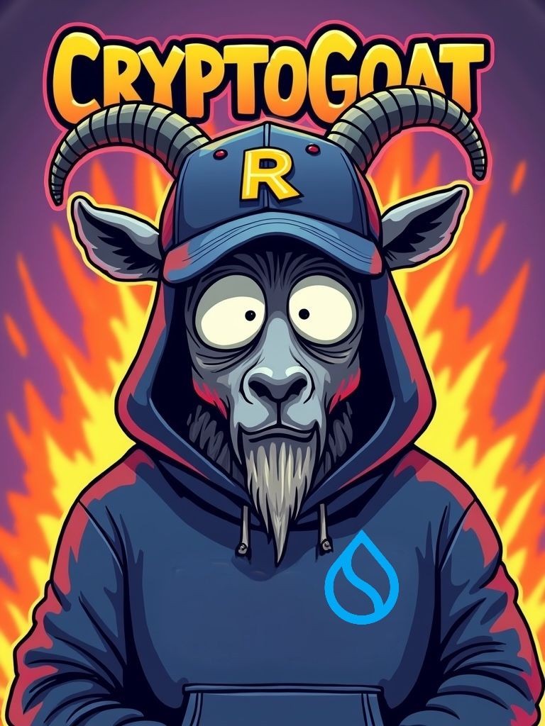 Illustration of CryptoGoat mascot wearing a hoodie with a flame background.